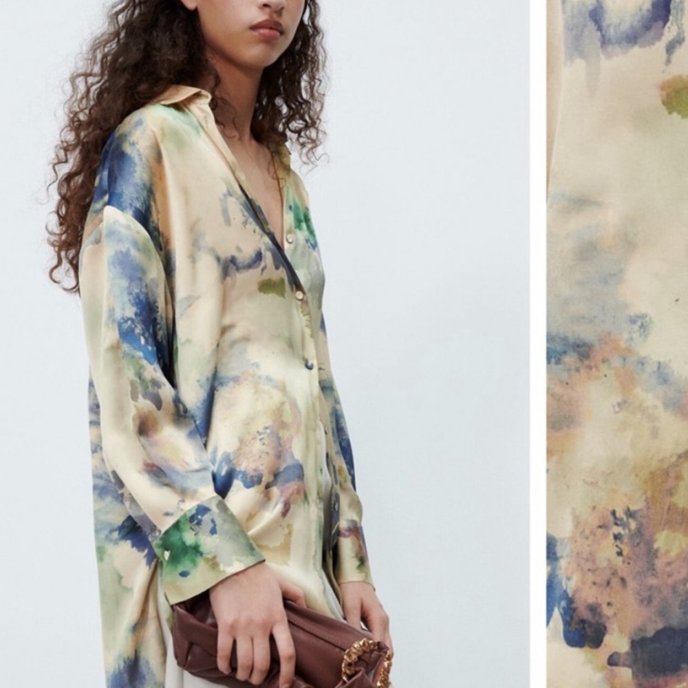 NWOT Zara SILK SATIN SHIRT XS TIE DYE SWIM COVERUP TOP pastel colors